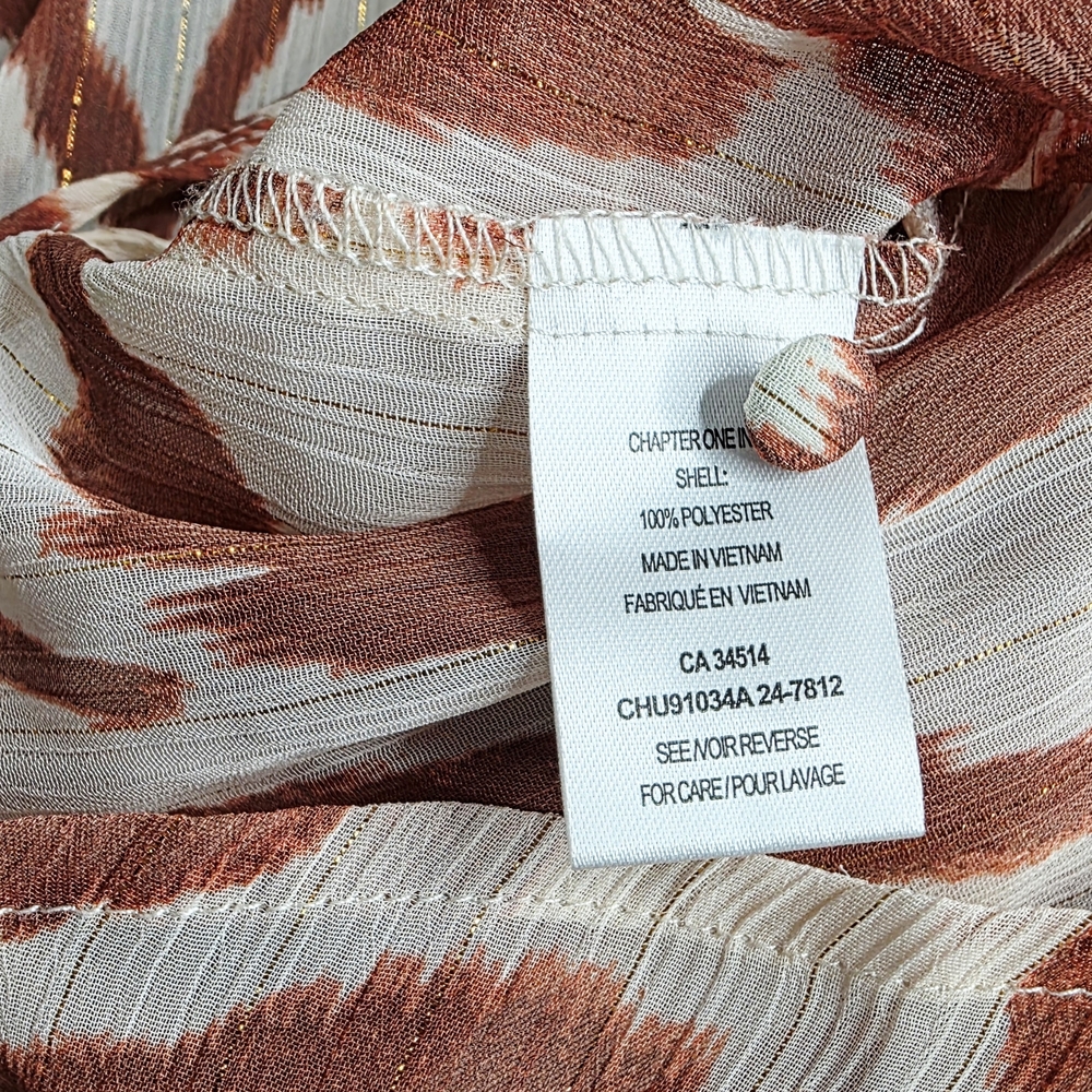 Sheer Women's Ruffle-Neck Button Front Blouse - Cream & Rust - Picture 9 of 9